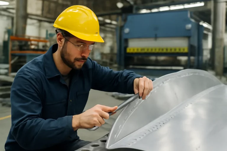 Aerospace Sheet Metal Supplier Requirements shown through an industrial sheet metal manufacturing scene.