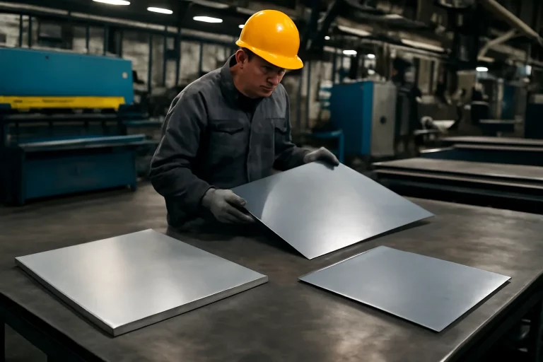 Aluminium vs Steel vs Stainless for Fabrication shown through an industrial sheet metal manufacturing scene.