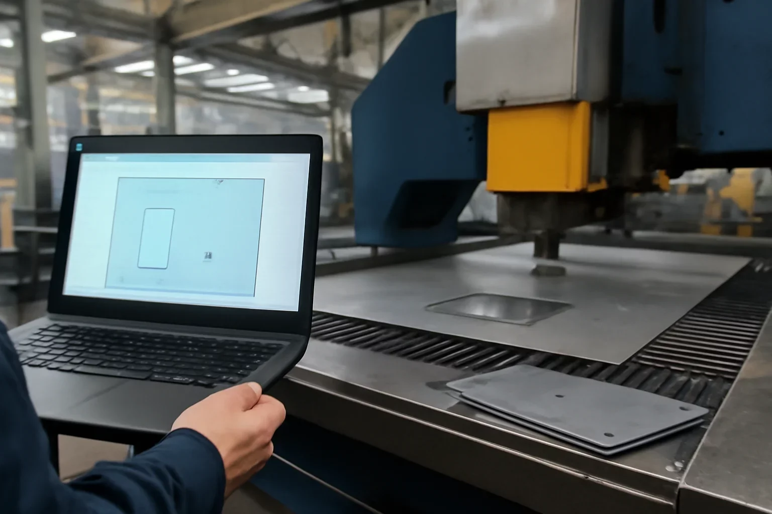 How CAD Files Move Into Manufacturing shown through an industrial sheet metal manufacturing scene.