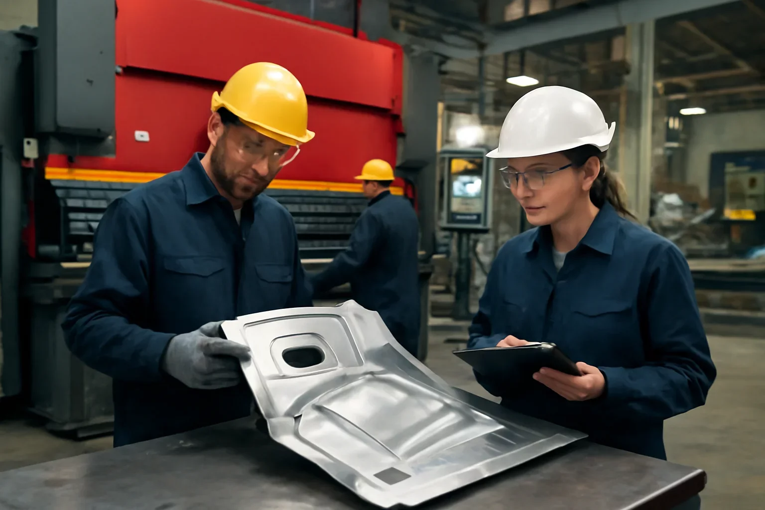How OEMs Evaluate Sheet Metal Suppliers shown through an industrial sheet metal manufacturing scene.