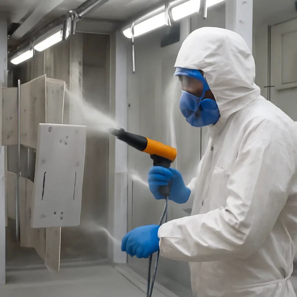 Supporting view related to powder coating for industrial sheet metal parts in a clean industrial environment.