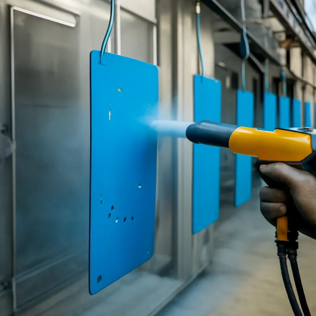 Process-focused view connected to powder coating for industrial sheet metal parts and production workflow.