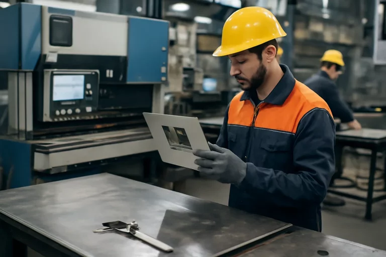 Quality Control Checkpoints in Sheet Metal Fabrication shown through an industrial sheet metal manufacturing scene.