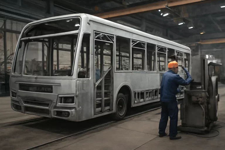 Urban Bus Framework Fabrication Explained shown through an industrial sheet metal manufacturing scene.