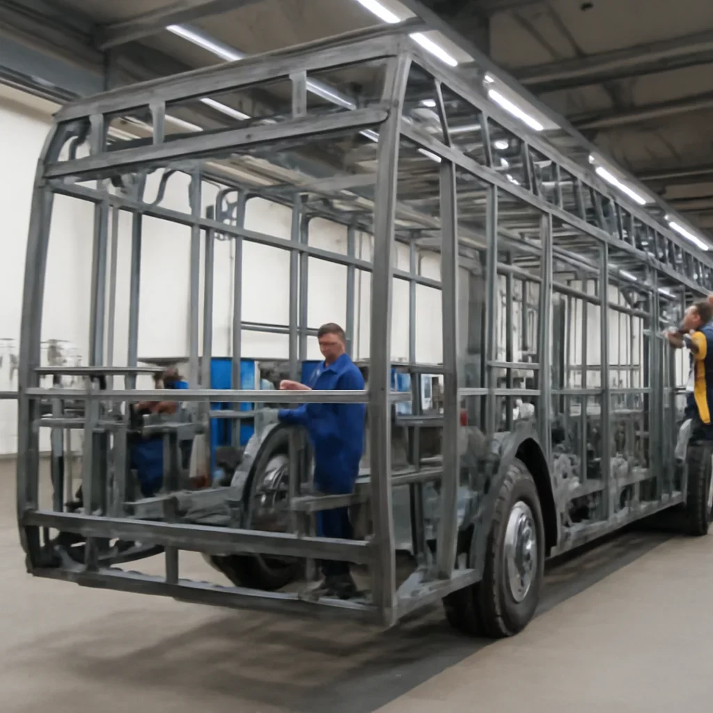 Supporting view related to urban bus framework fabrication explained in a clean industrial environment.
