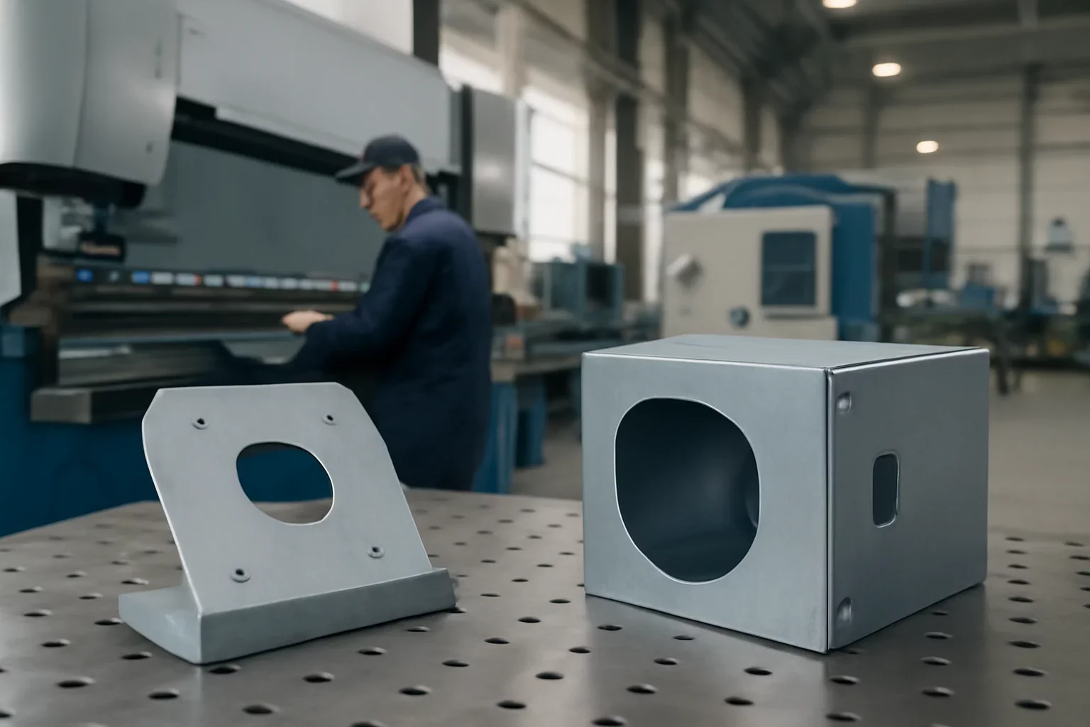 Prototype to Production shown through an industrial sheet metal manufacturing scene.
