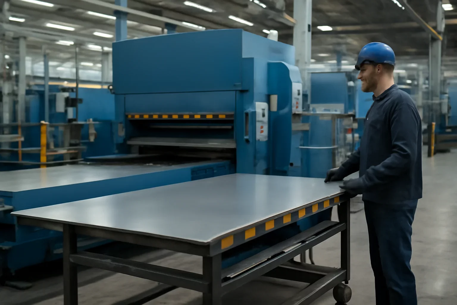 JIT Line-Side Delivery shown through an industrial sheet metal manufacturing scene.
