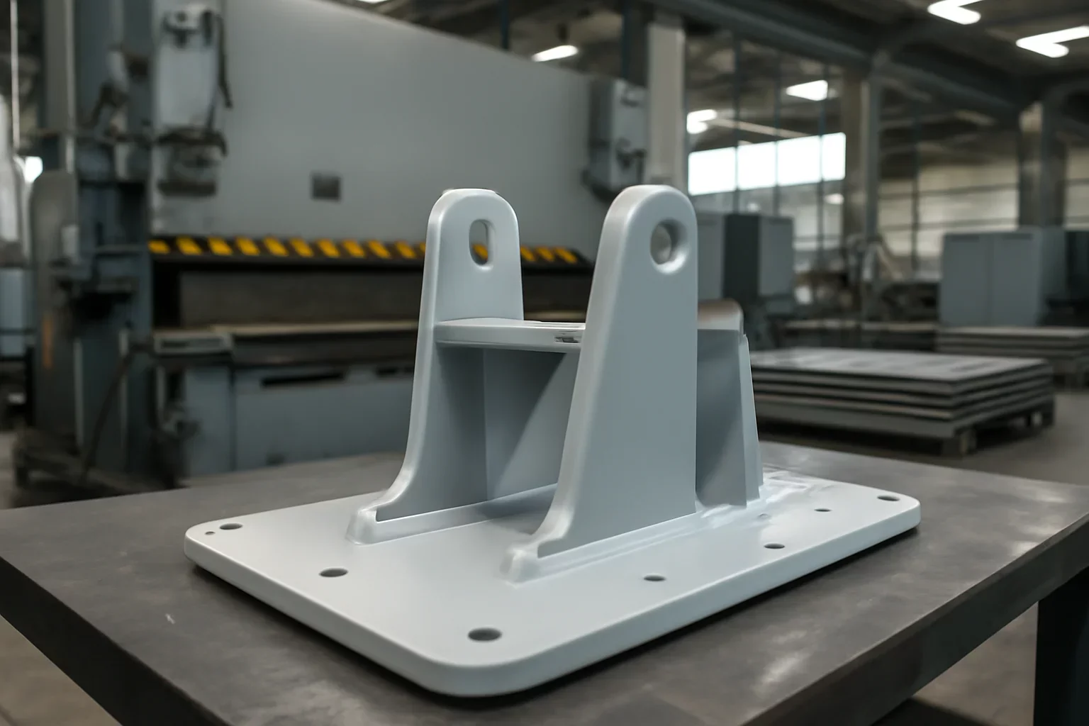 Powder-Coated Assembly shown through an industrial sheet metal manufacturing scene.
