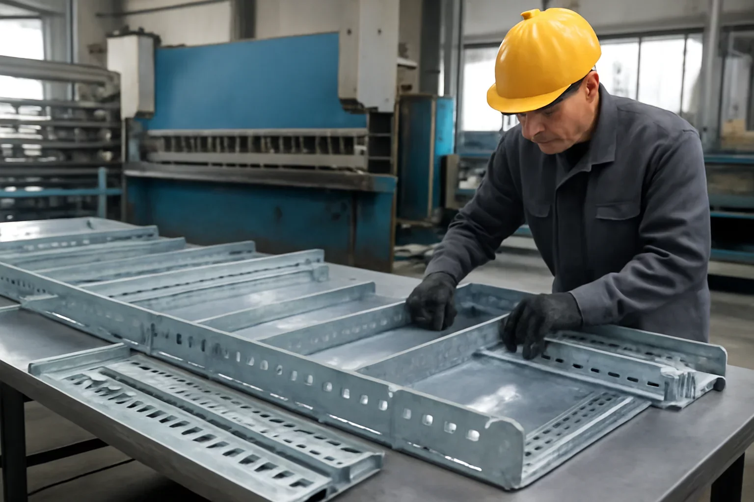 Railway Cable Tray Kitting shown through an industrial sheet metal manufacturing scene.