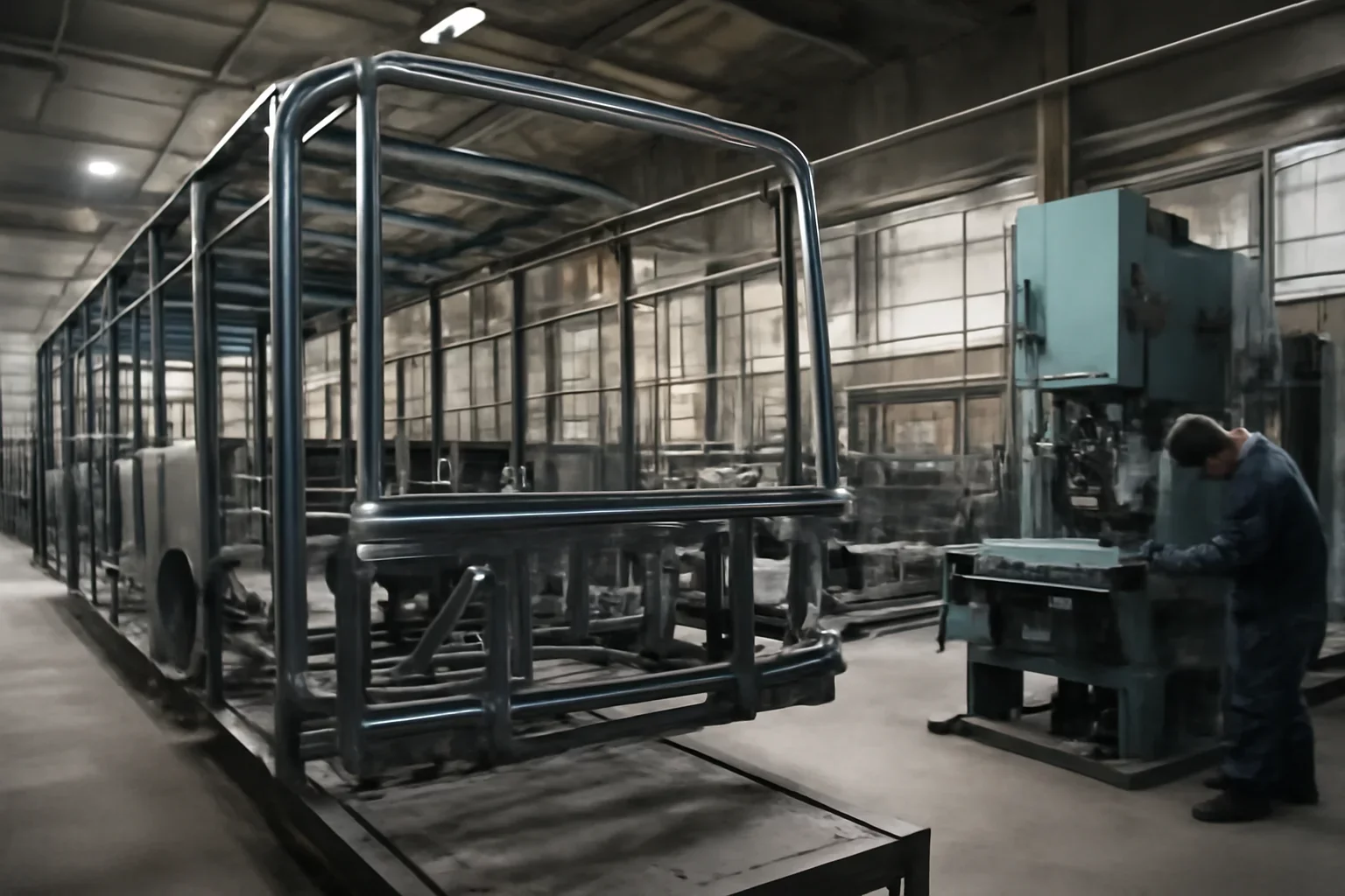 Urban Bus Framework Ramp-Up shown through an industrial sheet metal manufacturing scene.