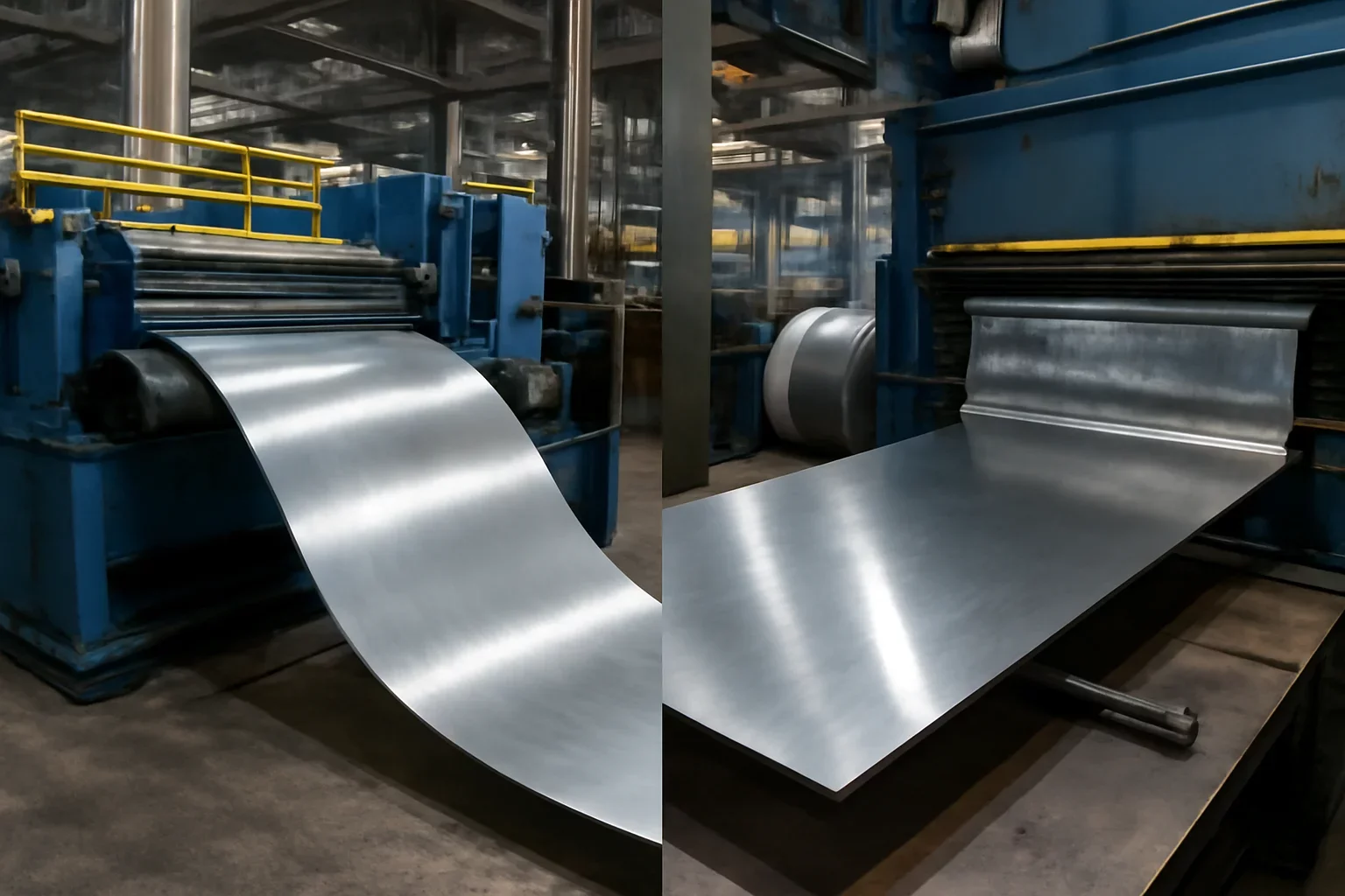 Aluminium vs Steel vs Stainless shown through an industrial sheet metal manufacturing scene.