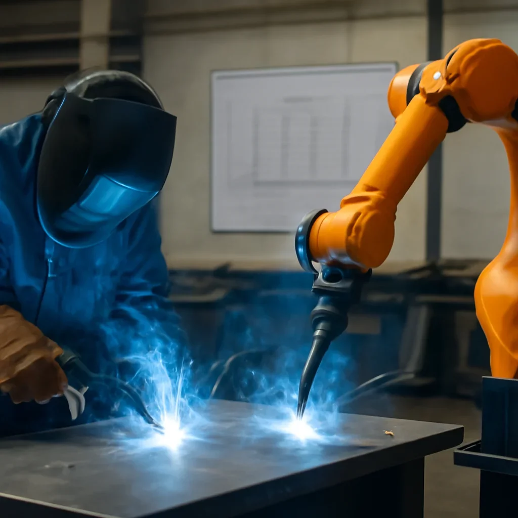 Call-to-action image supporting manual vs robotic welding and project planning.