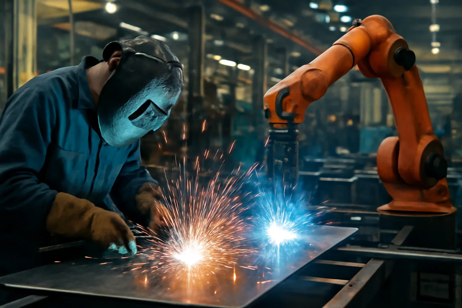 Manual vs Robotic Welding shown through an industrial sheet metal manufacturing scene.