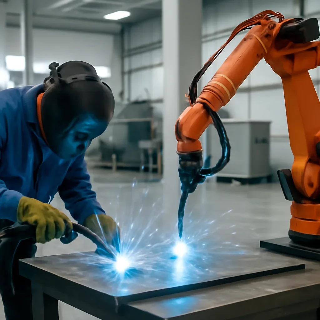 Supporting view related to manual vs robotic welding in a clean industrial environment.