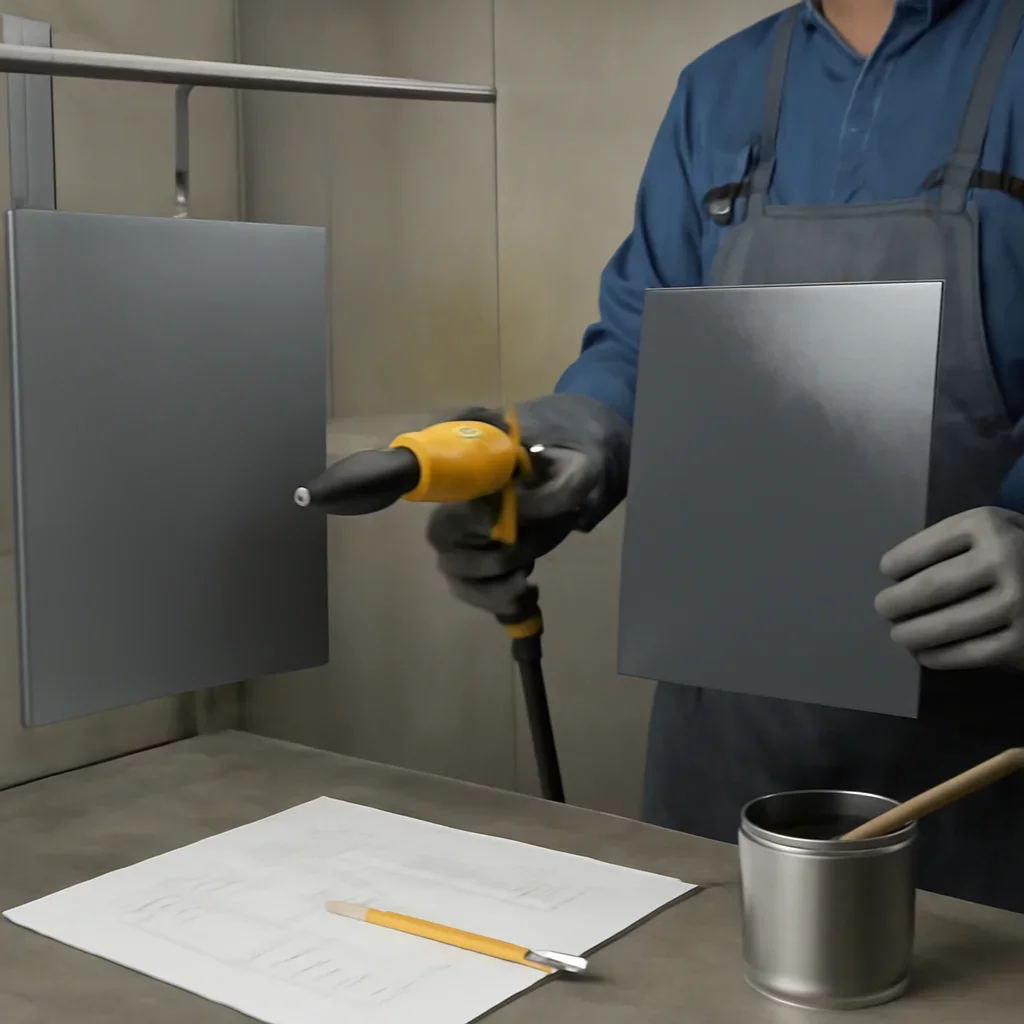 Call-to-action image supporting powder coating vs liquid paint and project planning.