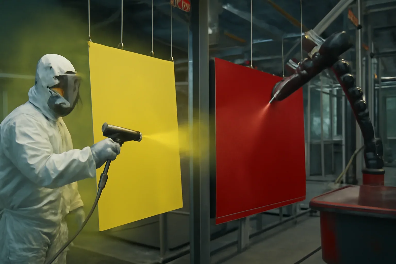 Powder Coating vs Liquid Paint shown through an industrial sheet metal manufacturing scene.