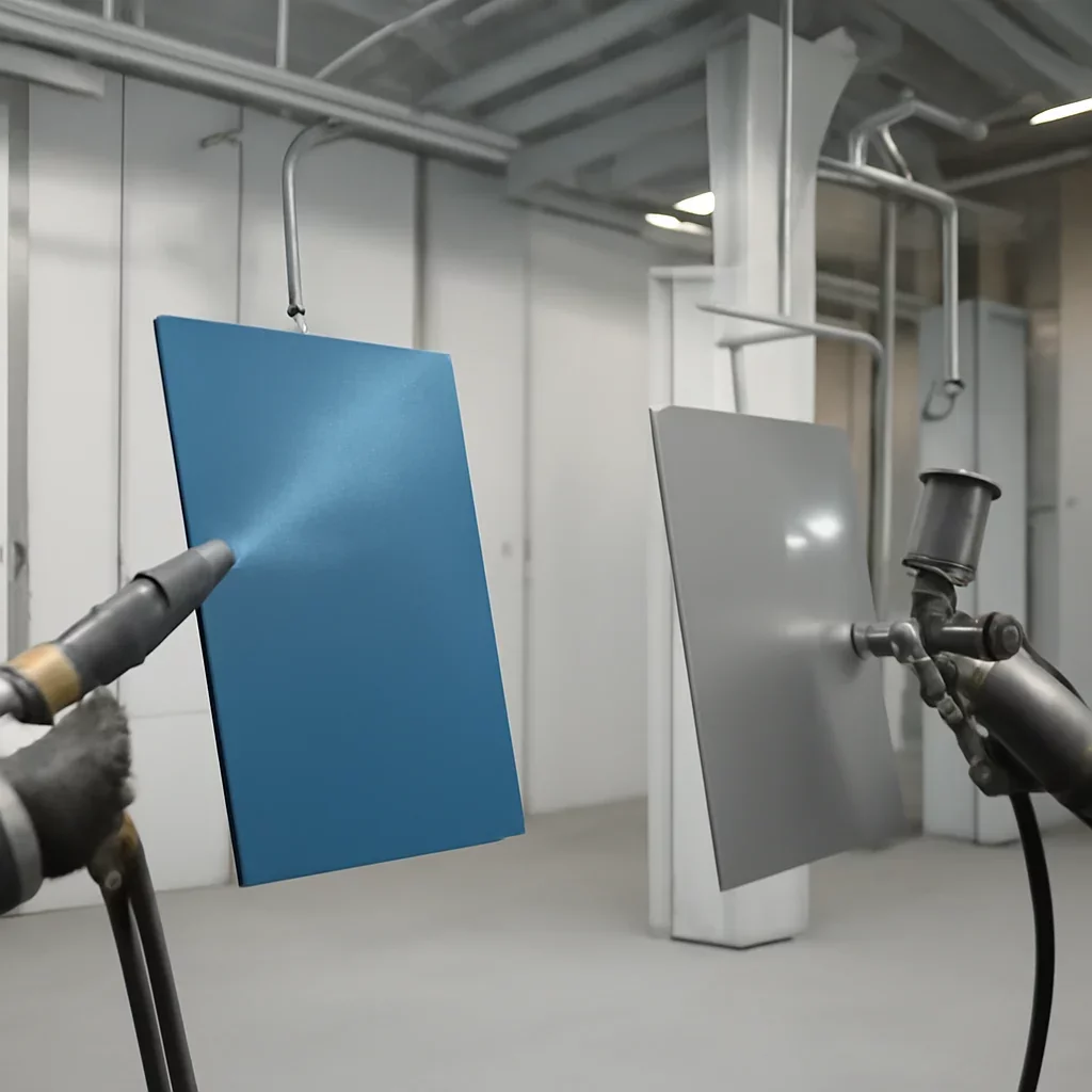 Supporting view related to powder coating vs liquid paint in a clean industrial environment.