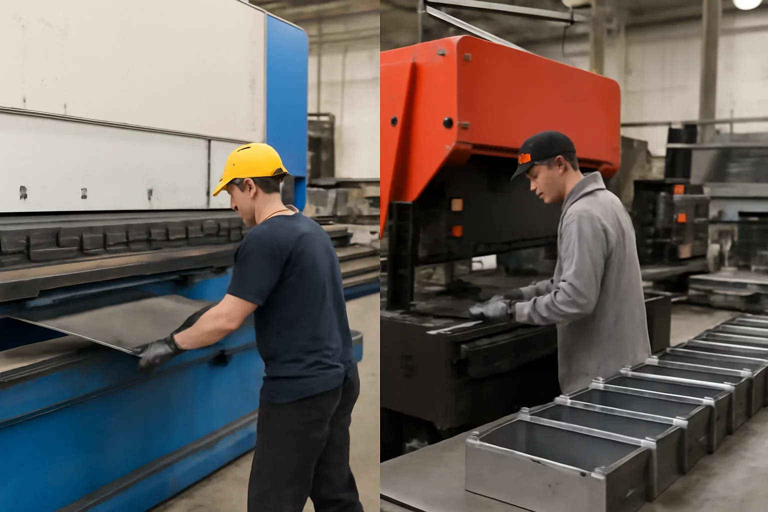 Prototype vs Pre-Series vs Production shown through an industrial sheet metal manufacturing scene.
