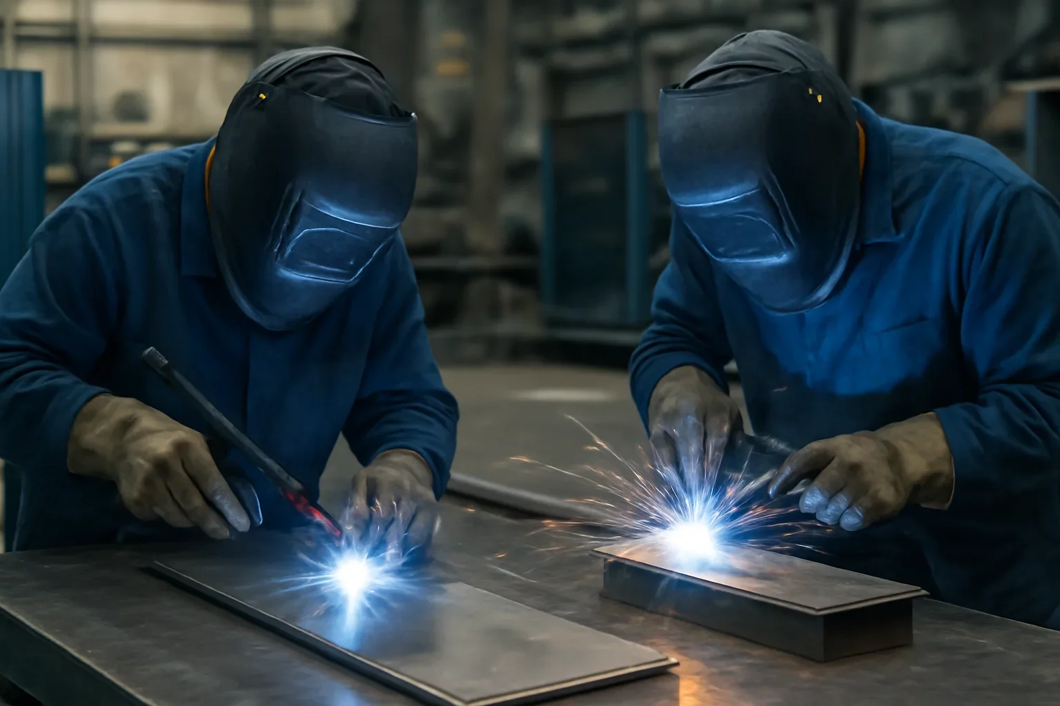 TIG vs MIG/MAG Welding shown through an industrial sheet metal manufacturing scene.