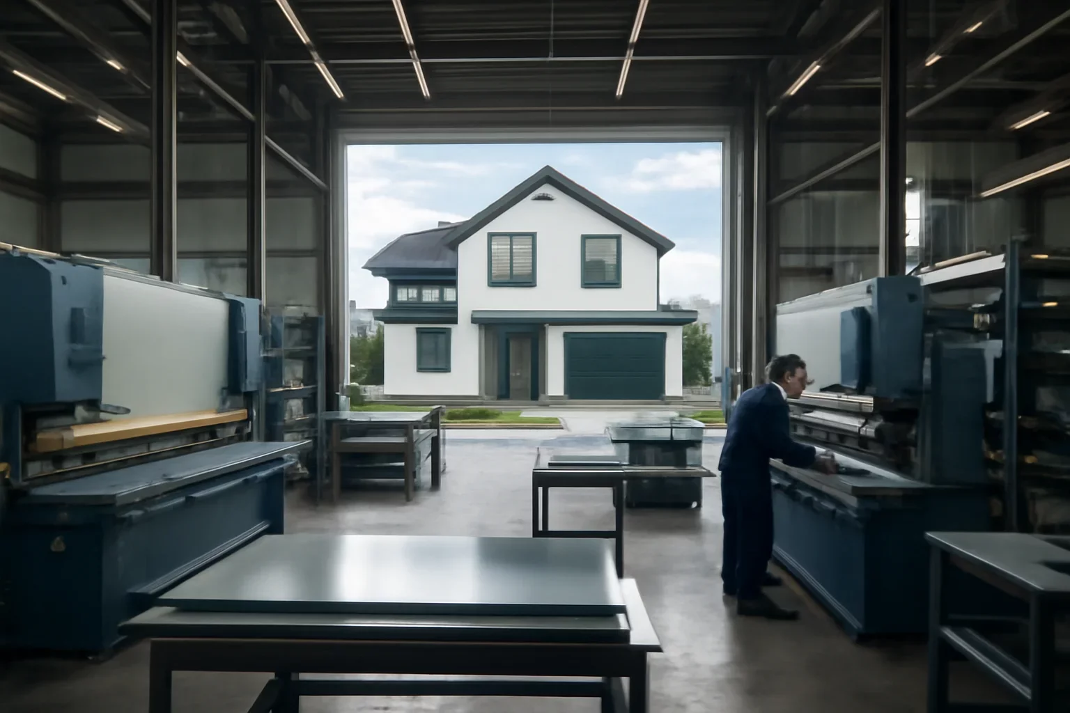 Home shown through an industrial sheet metal manufacturing scene.