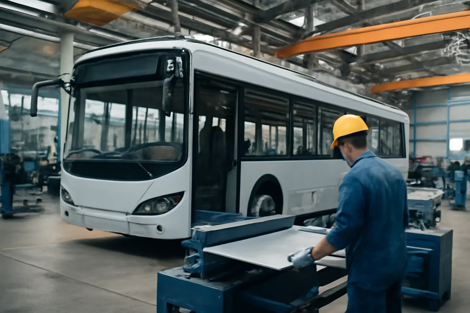 Urban Bus Industry shown through an industrial sheet metal manufacturing scene.