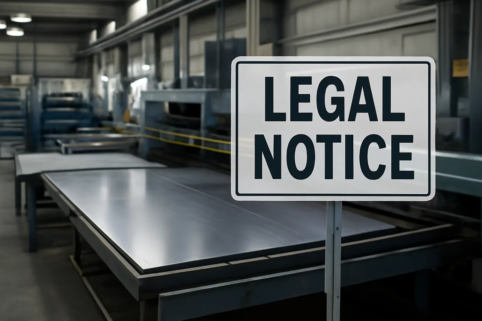 Legal Notice shown through an industrial sheet metal manufacturing scene.
