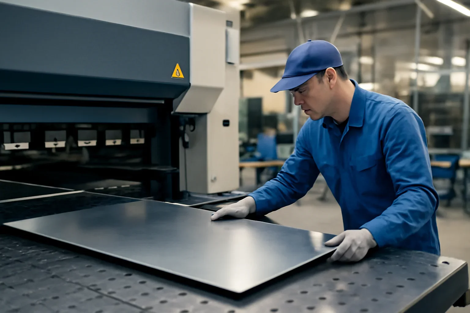Quality shown through an industrial sheet metal manufacturing scene.