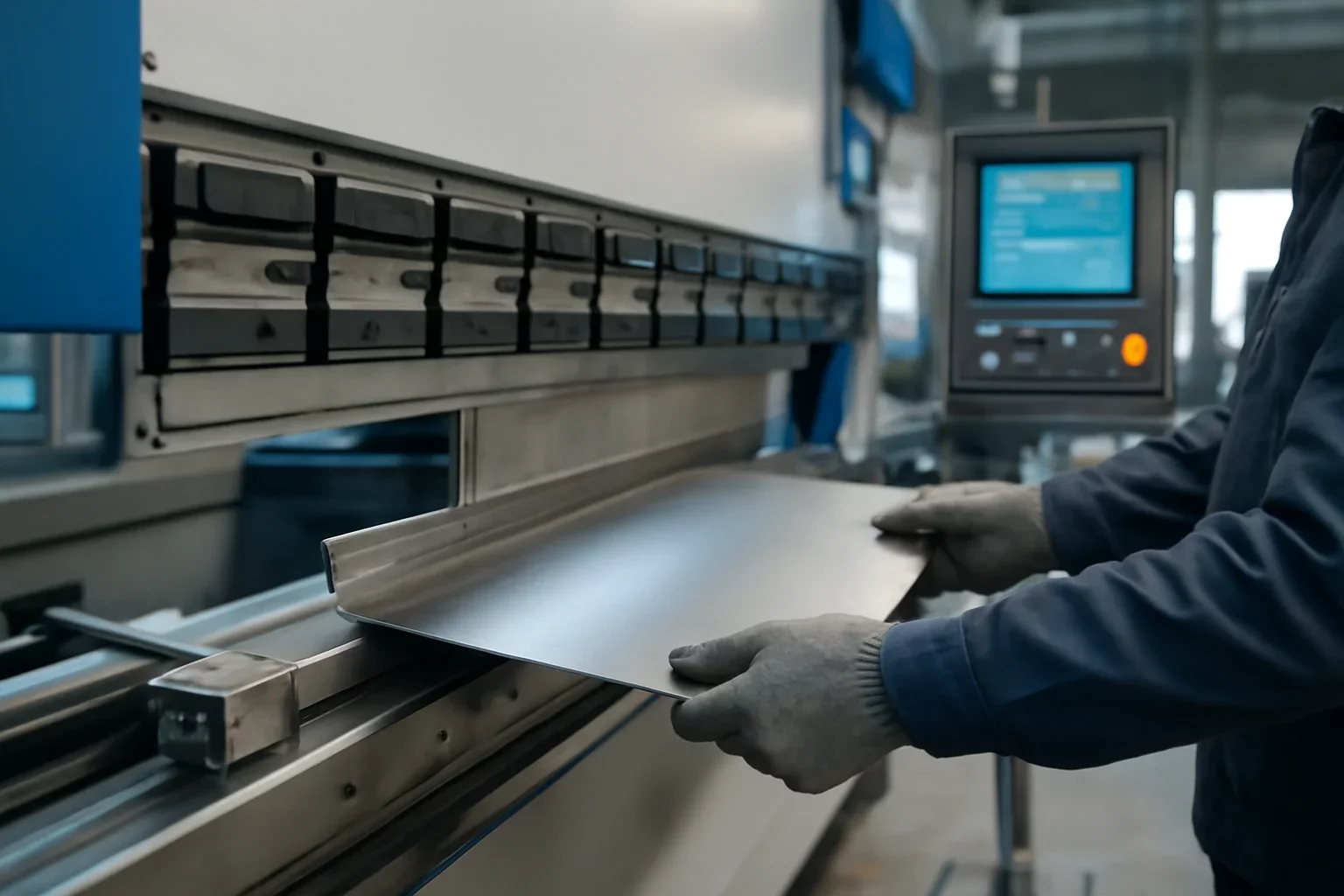CNC Bending & Folding shown through an industrial sheet metal manufacturing scene.