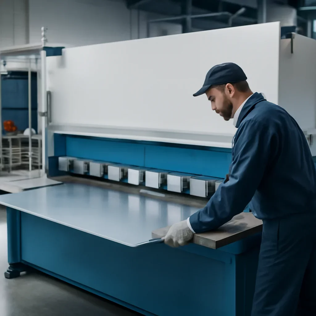 Supporting view related to cutting & folding in a clean industrial environment.
