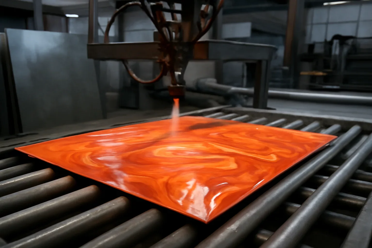 Liquid Painting shown through an industrial sheet metal manufacturing scene.