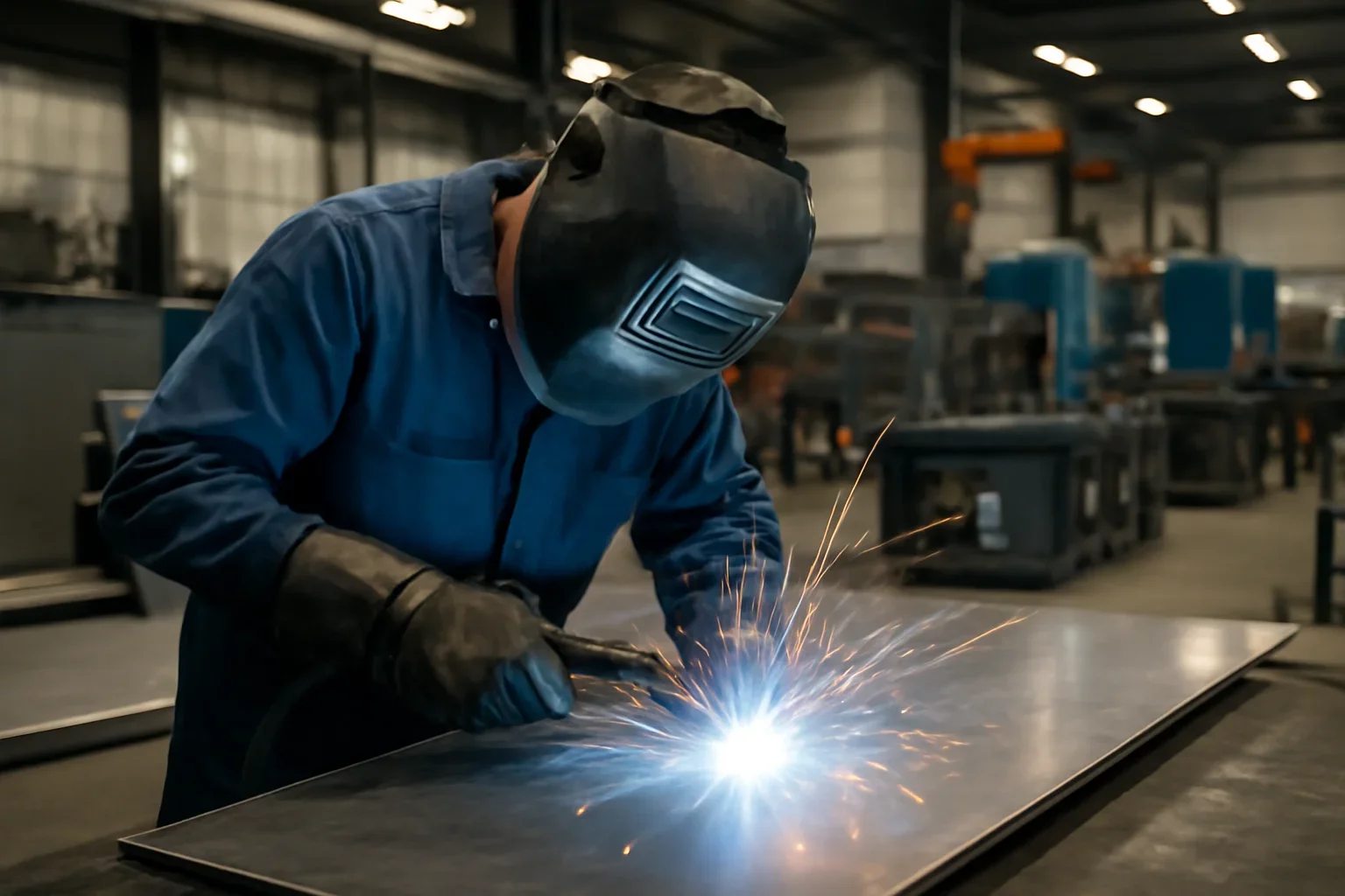 Manual Welding shown through an industrial sheet metal manufacturing scene.