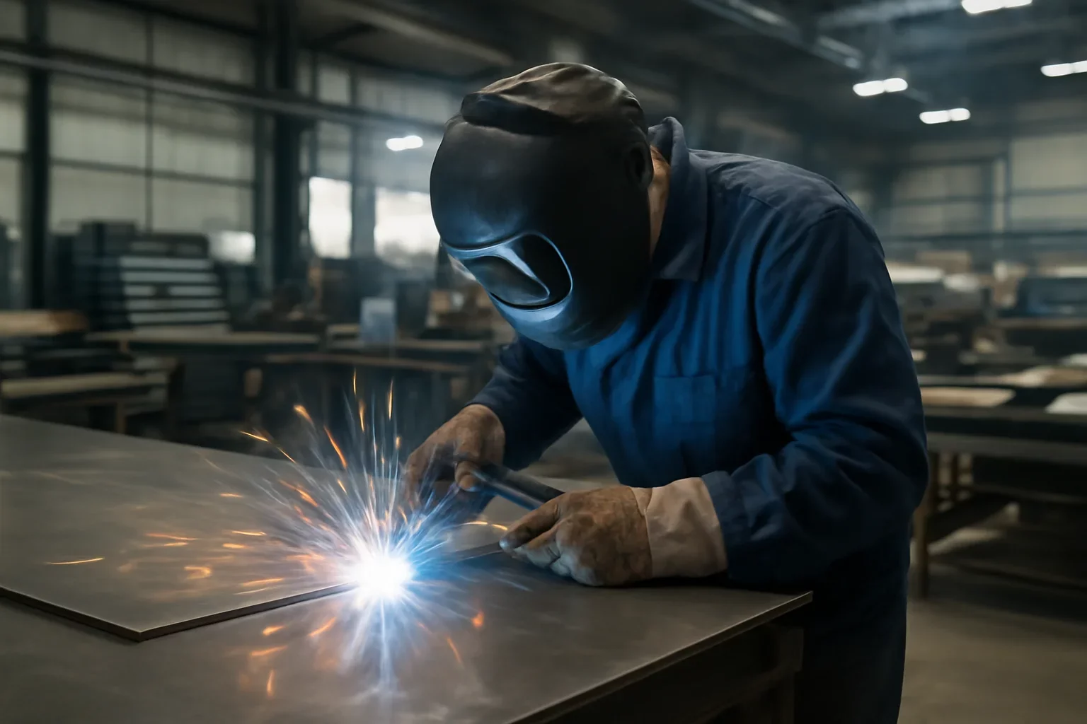 MIG/MAG Welding shown through an industrial sheet metal manufacturing scene.