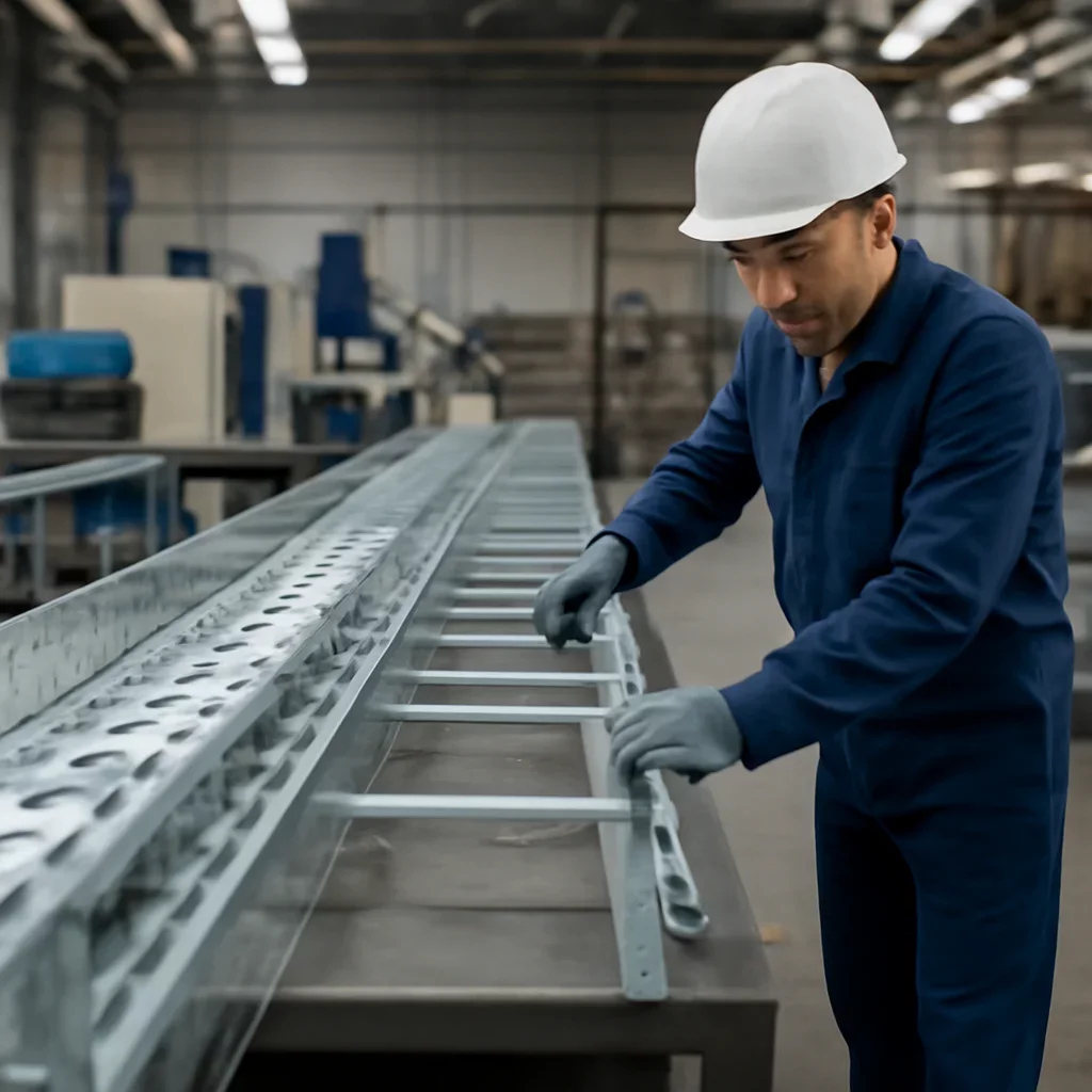 Call-to-action image supporting railway cable trays and project planning.