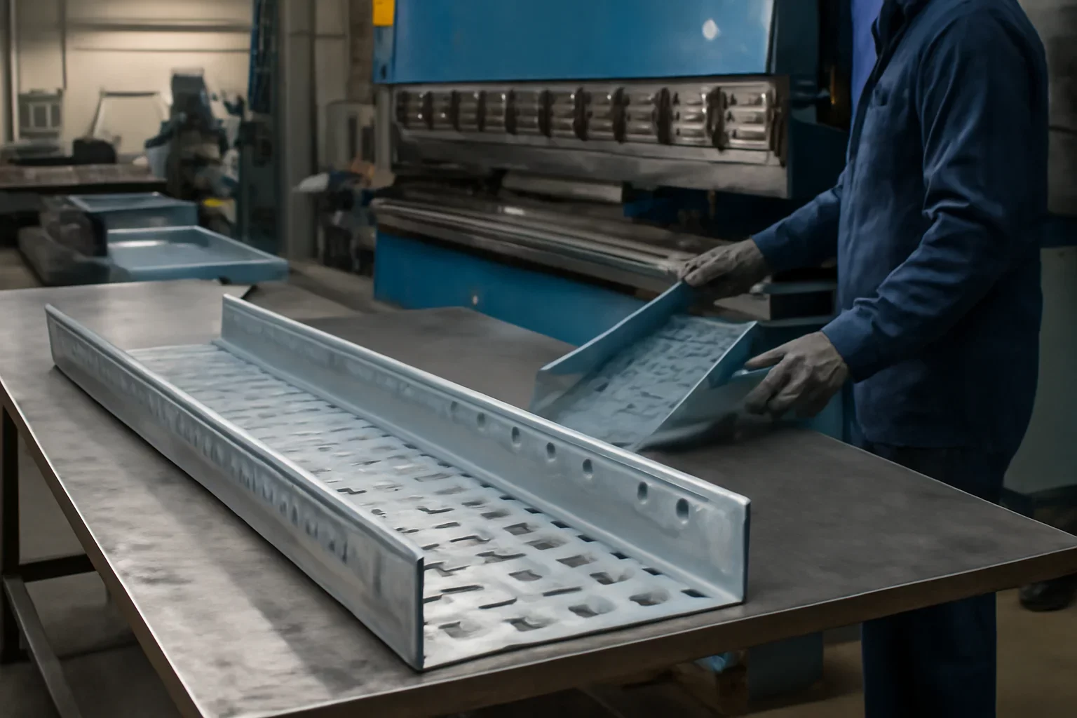 Railway Cable Trays shown through an industrial sheet metal manufacturing scene.