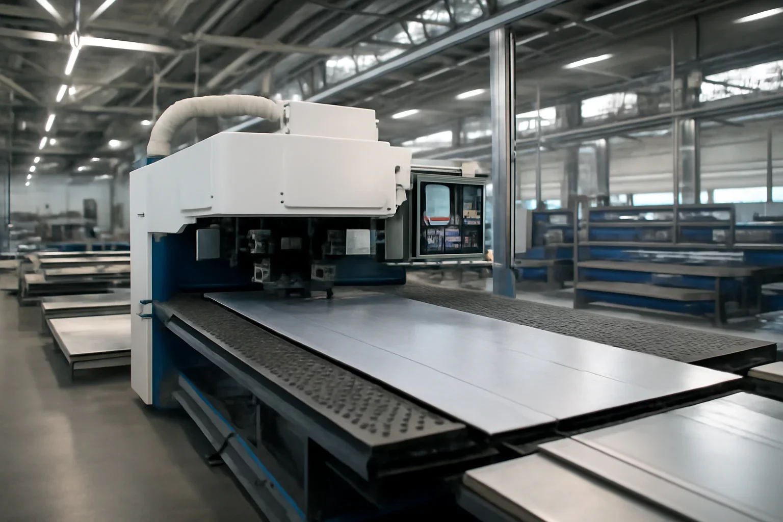 Serial Production shown through an industrial sheet metal manufacturing scene.