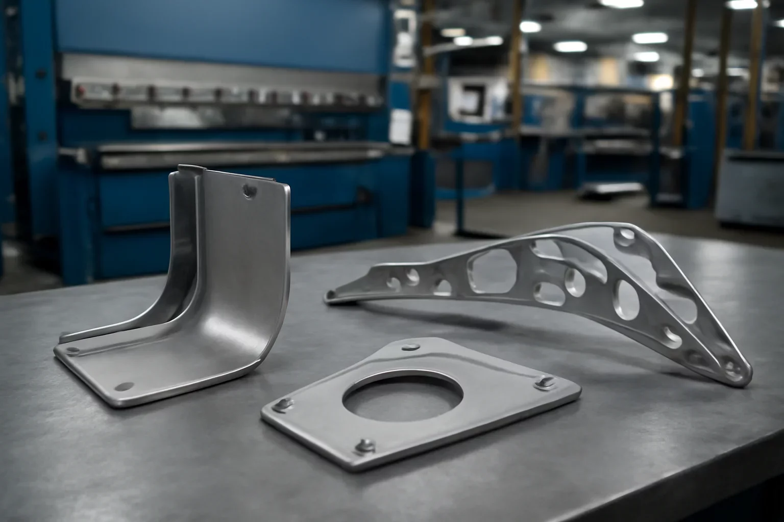 Aerospace Sheet Metal Components shown through an industrial sheet metal manufacturing scene.