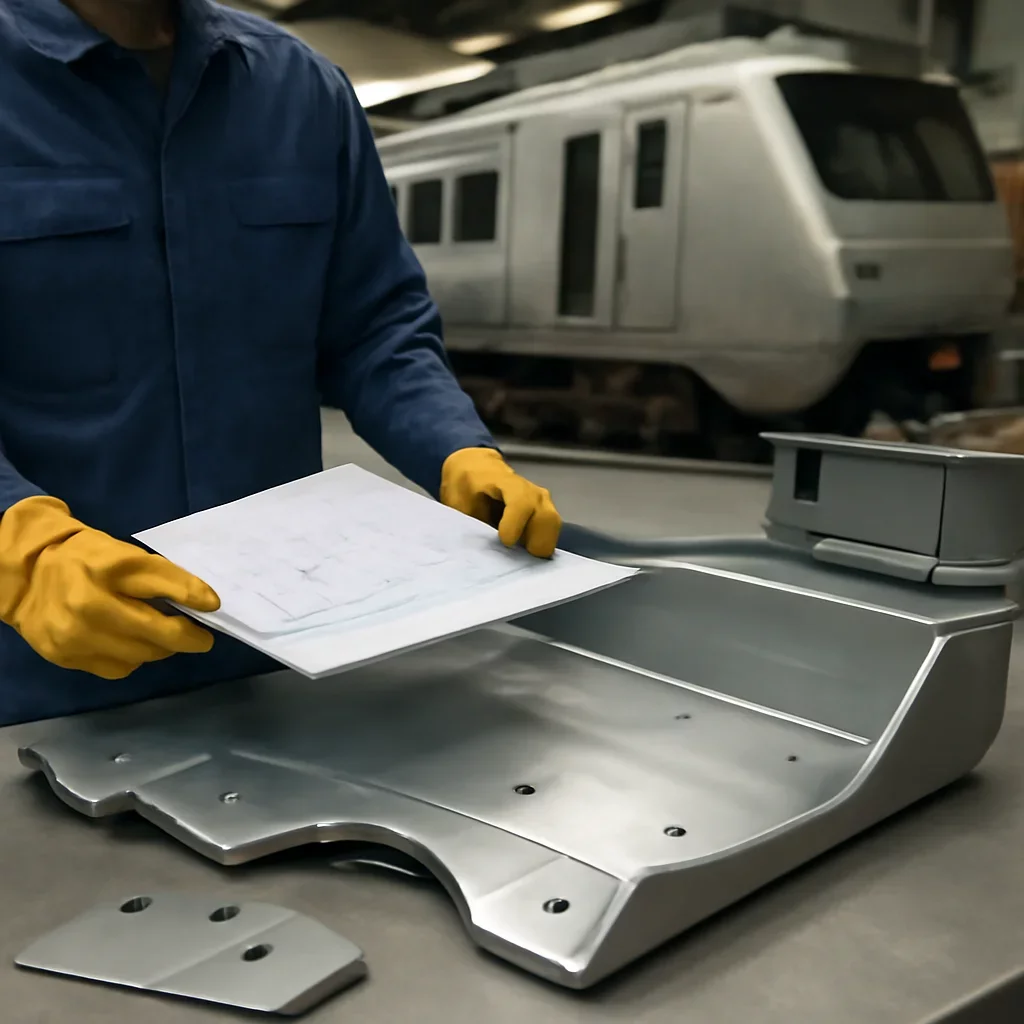 Call-to-action image supporting railway sheet metal parts and project planning.