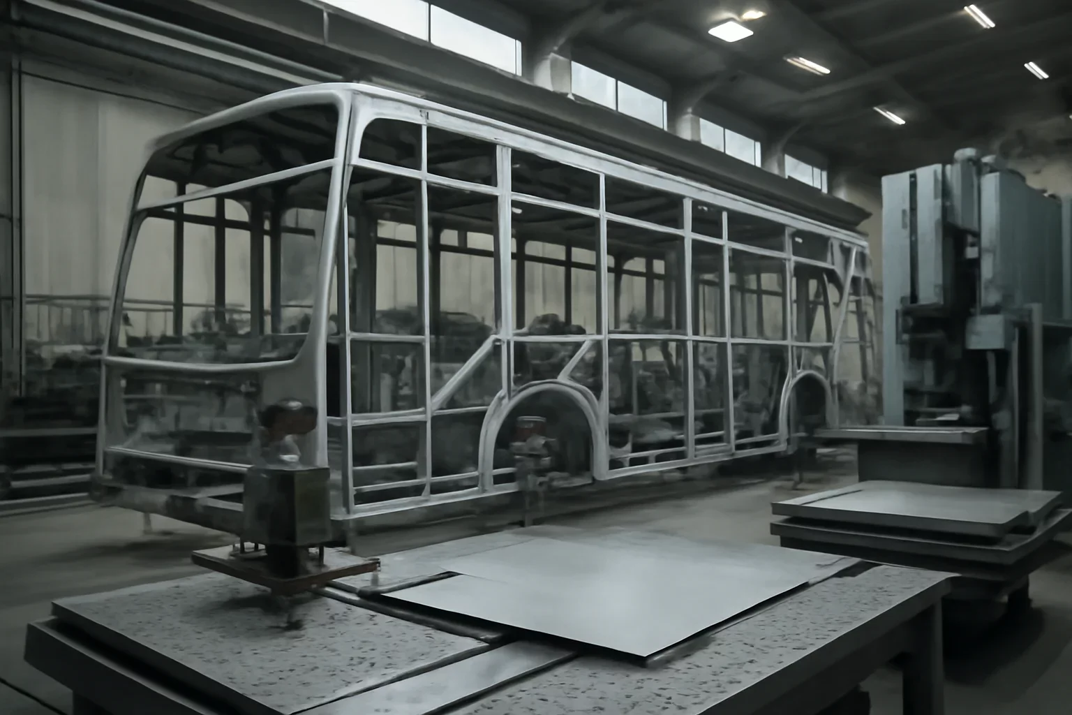Urban Bus Frameworks shown through an industrial sheet metal manufacturing scene.